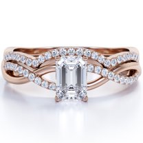 JeenMata North-South Prong 1.75 Carat Emerald Cut Moissanite Curved Band Crossover Pave Bridal Set In 18K Rose Gold Plating Over Silver