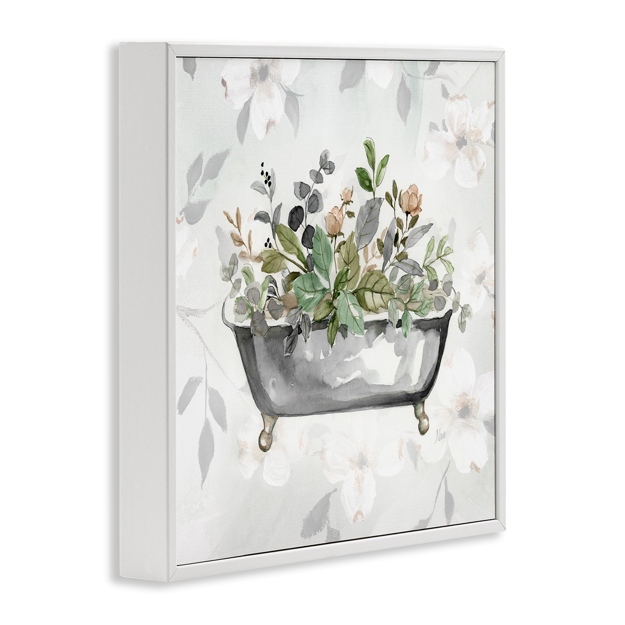 Stupell Industries Leaf Patterned Bath Typography Painting White Framed Art Print Wall Art, 17 x 17