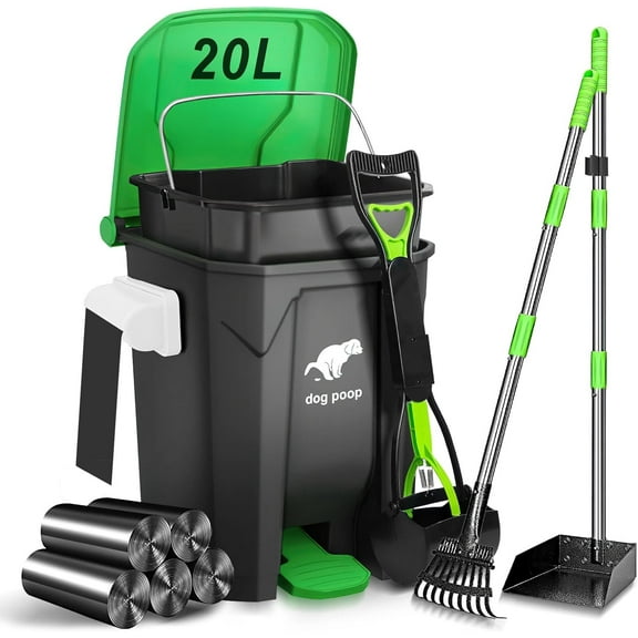 Dog Poop Trash Can Outside with Pooper Scooper and Metal Rake & Tray, 20L/5Gal Dog Waste Trash Can with Lid, Pedal and Removable Inner Waste Bin, Pet Poop Bin with 100 Bags, Green