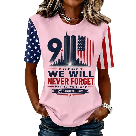 EANJE Women 9/11 25th Anniversary T Shirts Never Forget Raglan Shirt 2001-2026 American Flag Shoulder Crew Neck Short Sleeve Patriotic Memorial Casual Tee Pink M