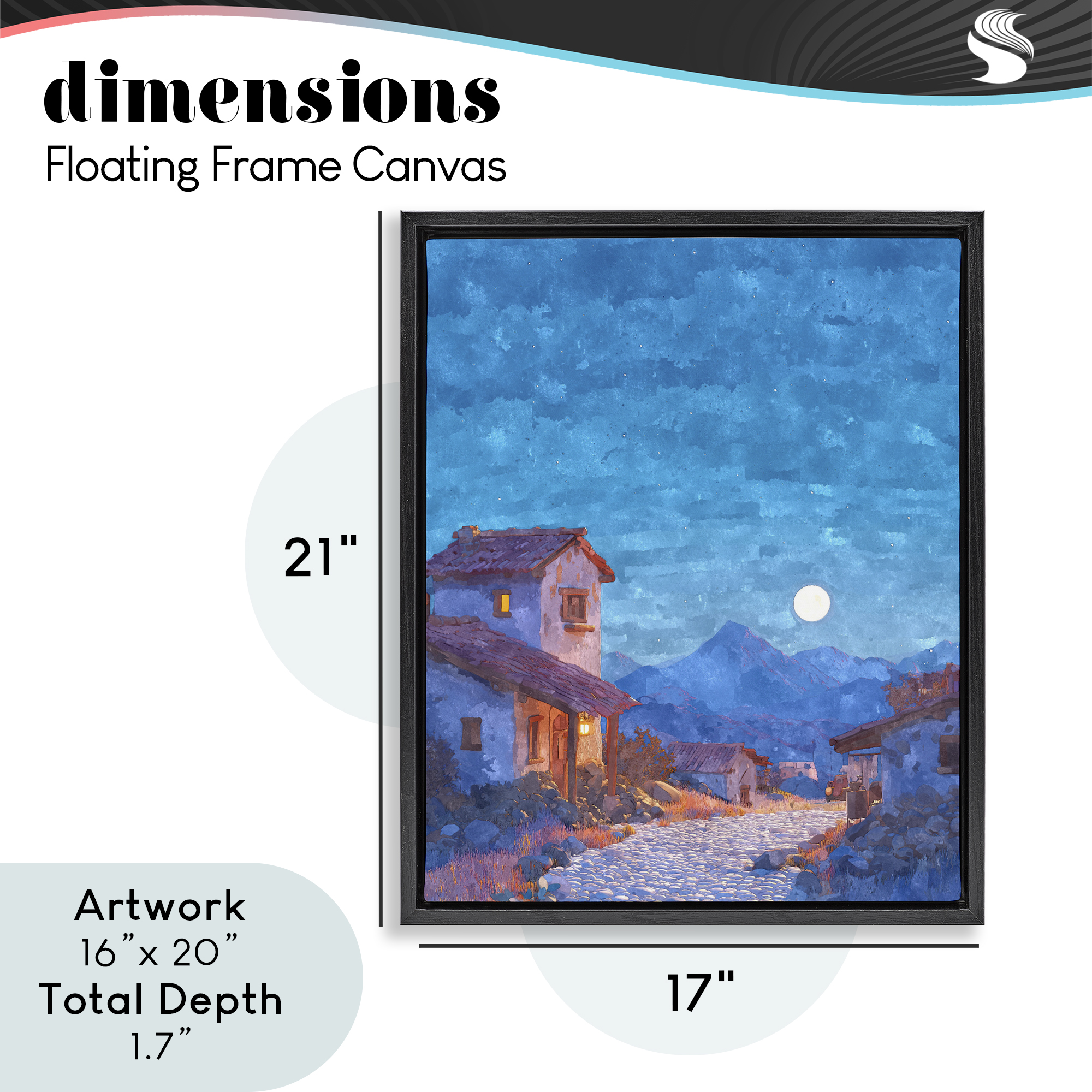 Moon over Quiet Town Black Framed Floater Canvas Wall Art, design by Ziwei Li