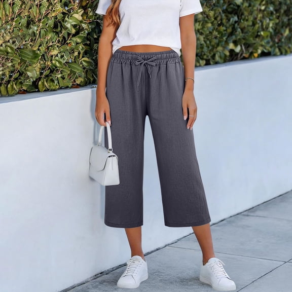 Linen Capris for Women Wide Leg Petite Pull On Pants with Drawstring Elastic Waist Casual Cropped Pants Dark Gray S