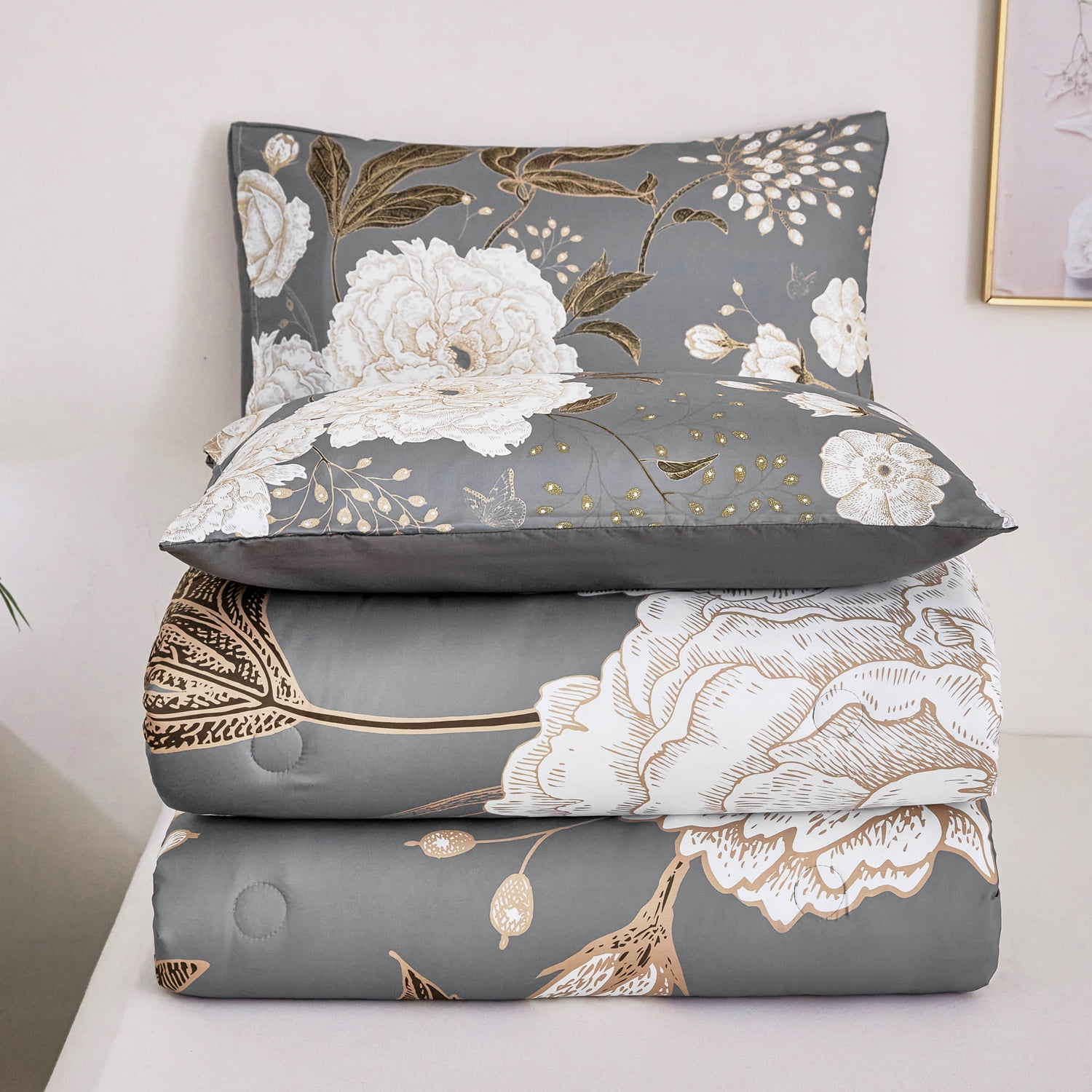 URBONUR 3 Pcs Floral Botanical Comforter Set Full Size White FLowers Bedding Set Gold Leaves Butterfly Printed on Grey Comforter Farmhouse Bedding Set for All Season