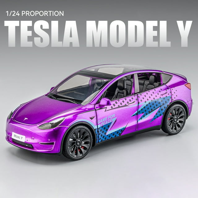 New 1:24 Teslas Model Y Model 3 With Charging Pile Alloy Car Die Cast Toy Car Model Sound and Light Children's Collectibles Gift Model Y Purple