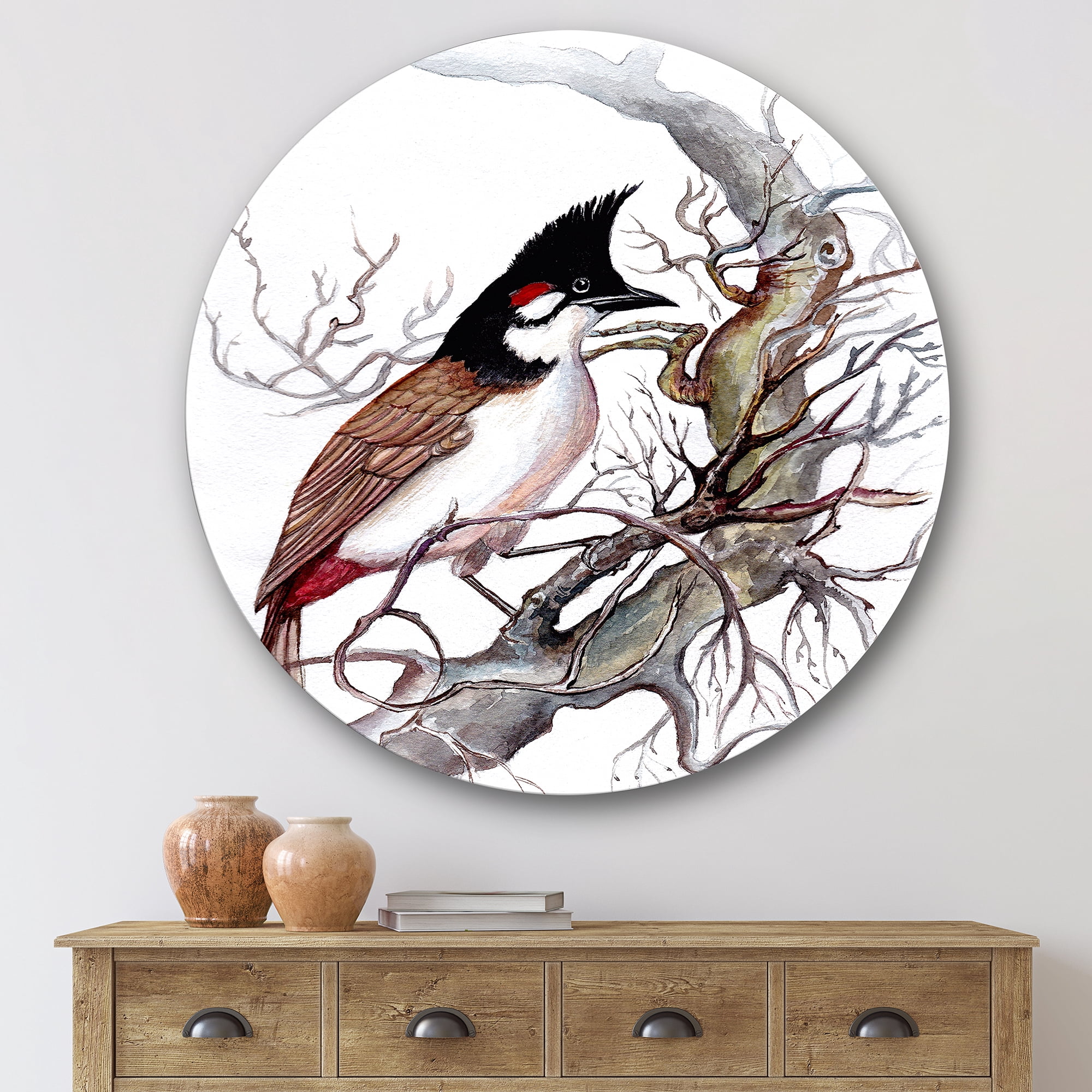 Designart 'Ancient Beautiful Bird On A Branch' Traditional Circle Metal Wall Art 29x29 - Disc of 29