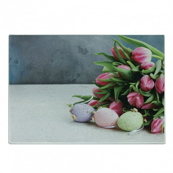 Natural Color Cutting Board, Bouquet of Fresh Tulip Flowers and Colorful Easter Eggs Photo, Decorative Tempered Glass Cutting and Serving Board, in 3 Sizes, by Ambesonne