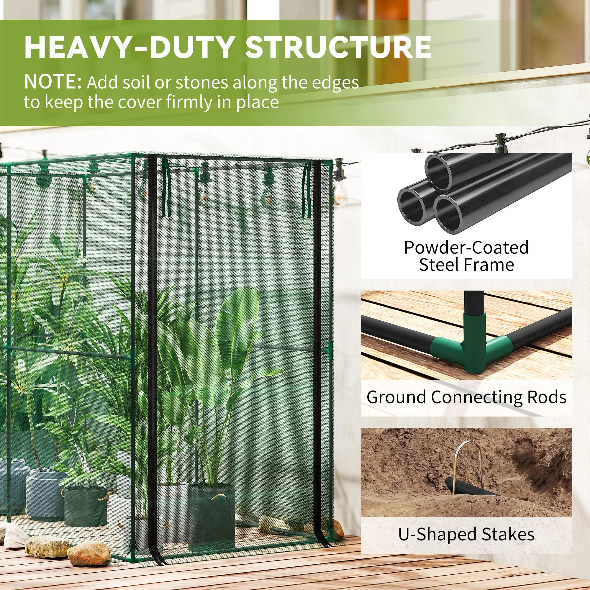 Plant Protector Cage with HDPE Mesh Cover & Roll-Up Zippered Door, U-Shaped Stakes for Stability, Crop Tent for Raised Beds Allotments