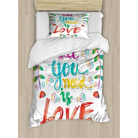 All You Need Is Love Duvet Cover Set Twin Size, Handwritten Words with Colorful and Floral Doodle Art Elements, Decorative 2 Piece Bedding Set with 1 Pillow Sham, Multicolor, by Ambesonne