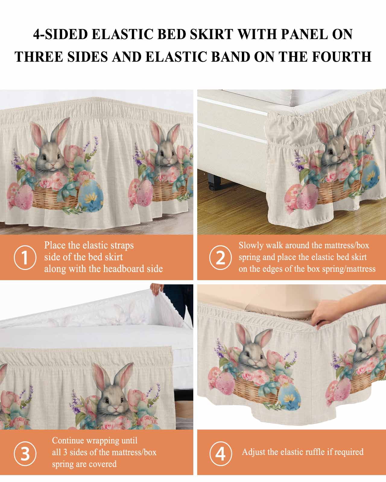 Easter,Wrap Around Bed Skirts for Queen Bed 16" Drop,Bed Skirt with Adjustable Elastic Belt Dust Ruffle Bed Valance for Bedroom Hotel Rustic Easter Basket Eggs Rabbits Tulip Lavender Bed Frame Cover