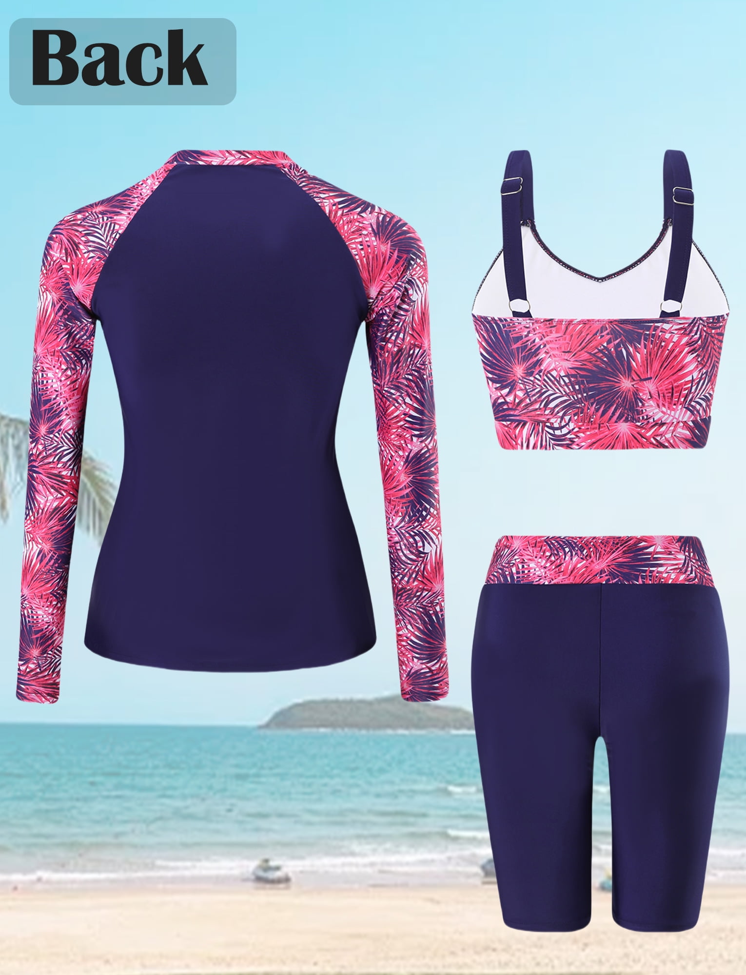 FEOYA Women's 3 Piece Rash Guard Built-in Bra Zip Front Bathing Suits Long Sleeve Athletic Swimsuits Swimwear Workout Modest Swim Top Shirt Shorts S