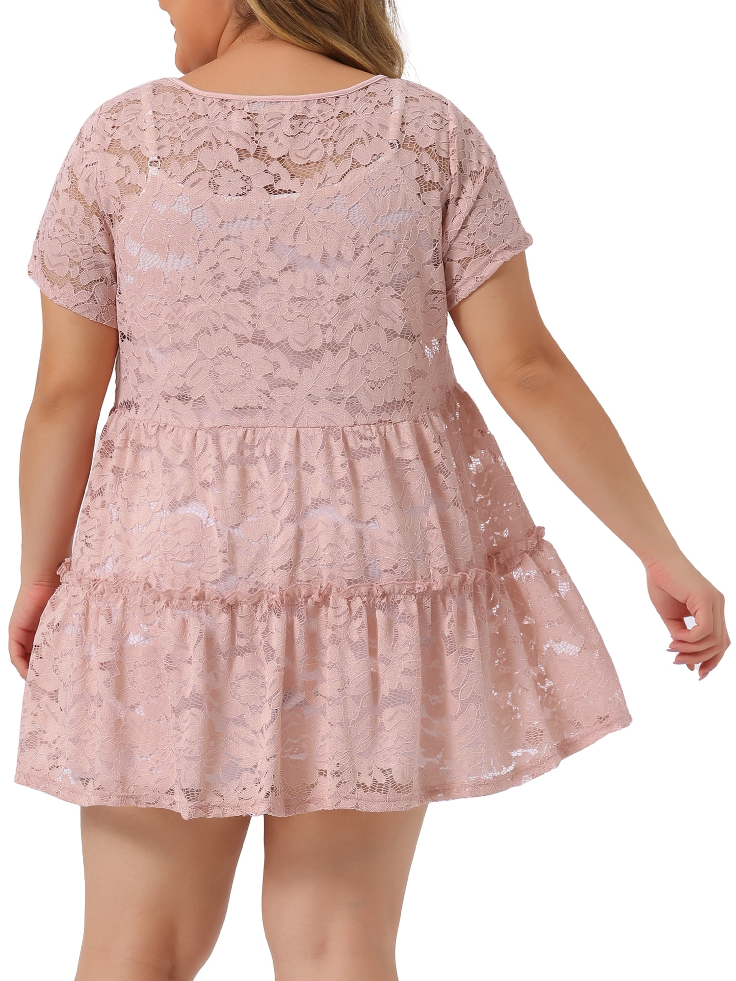 Unique Bargains Women's Plus Tunic Tiered Lace Round Neck Short Sleeve Peplum Tops 2X Pale Pink