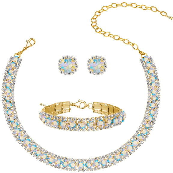 3PCS Women Rhinestone Crystal Jewelry Set Crystal Tennis Design Rhinestone Choker Necklace Link Bracelet Teardrop Earrings Set