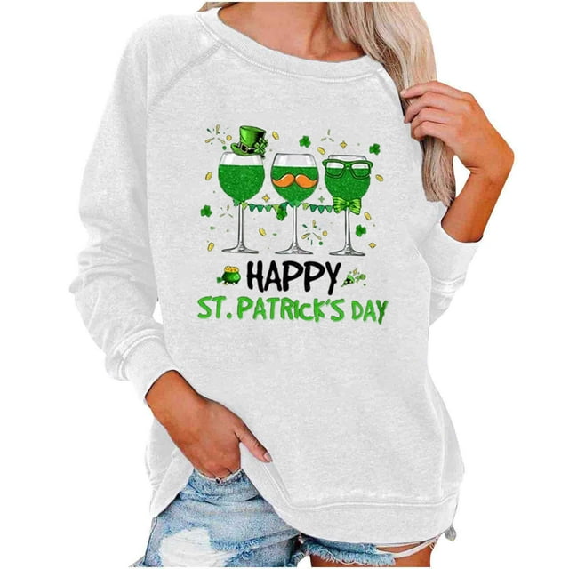 AherBiu Chandails en Molleton de la Saint-Patrick pour Femmes Col Rond Manches Longues Imprimé Décontracté Ample
