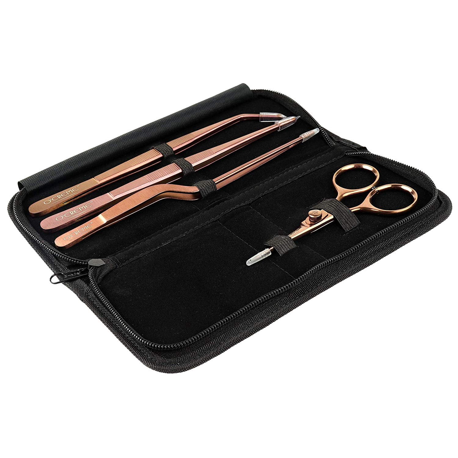 O'Creme Set of Culinary Tweezer Tongs 8 Inch Straight, 8 Inch Offset and 8 Inch Curved, Plus Super Sharp Chef Scissors, Total 4 Pieces Rose Gold