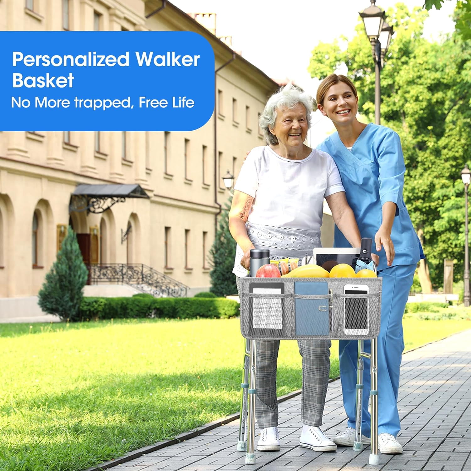 KitchenKey Upgraded Walker Basket with Cup Holder, Foldable Walker Bag with Large Capacity & Never Tipping Over, Not Fit for Rollator - Grey