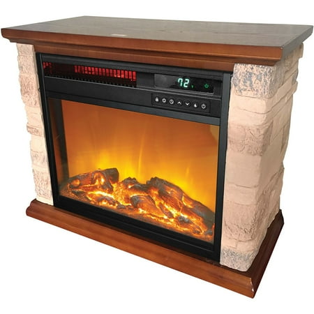 Lifesmart - 3-element Small Square Infrared Fireplace with Faux Stone Accent - Black
