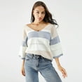 thumbnail image 4 of Timegard 3/4 Sleeve Tops for Women Striped V Neck Color Block Pullover Sweater Fall Winter Loose Knit Tops, 4 of 8