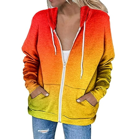 

Ladies Puffy Jackets Women Casual Jacket Loose Zipper Hooded Drawstring Jacket Gradient Print Solid Color Pocket Zipper Sweatshirt Jacket Scrubs Jacket for Women