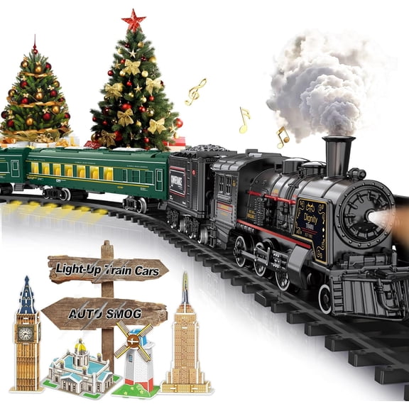 Electric Train Sets for Boys Girls Metal Alloy Christmas Trains Toys Steam Locomotive, Passenger Carriages, Tracks, Light & Sounds Birthday Gifts for Kids 3 4 5 6 7 8 Years Old Green