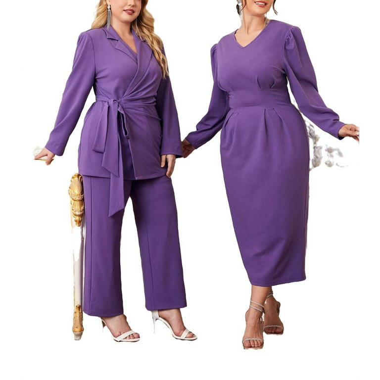Elegant Lapel Long Sleeve Violet Purple Plus Size Suit Sets (Women's) 