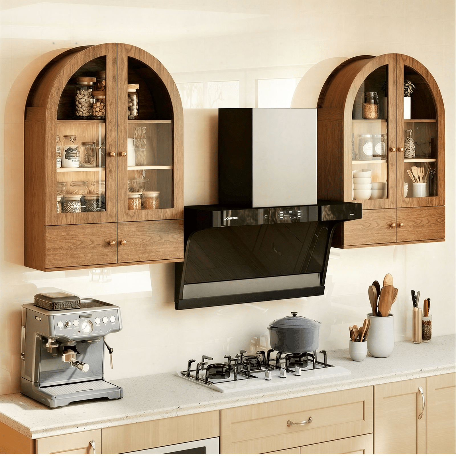 Flictozena Wall Mounted Arched Medicine Cabinet, Bathroom Storage Cabinet with Glass Doors and Adjustable Shelves, Over The Toilet Floating Cabinet for Small Spaces, Brown