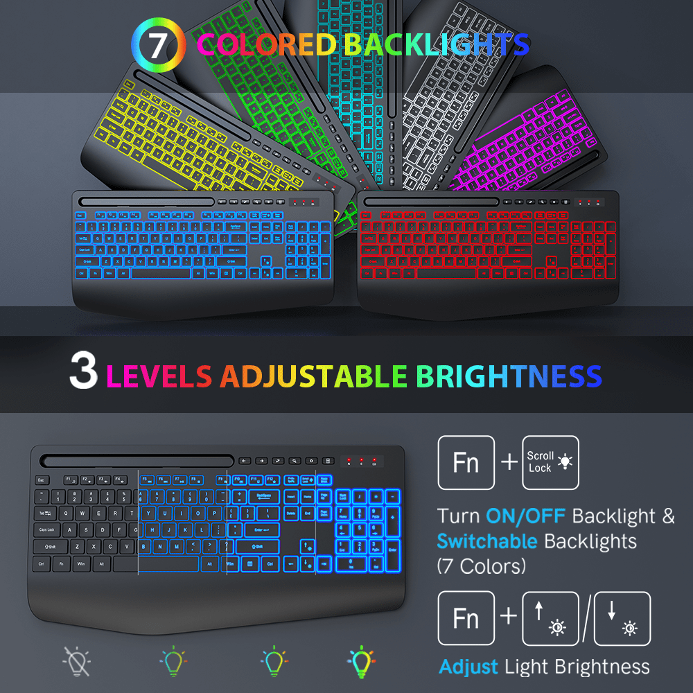 Wagpak Wireless Keyboard 7 Color Backlit Wrist Rest Rechargeable 112 Keys Quiet Keyboard