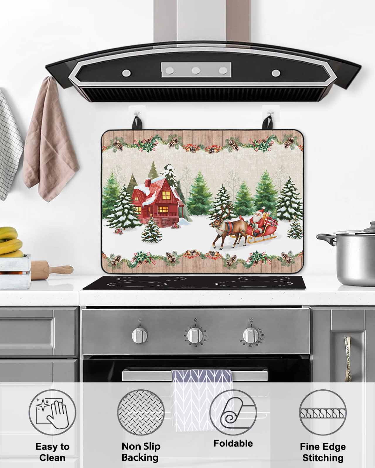 Large Induction Cooktop Protector Mat Christmas Stove Top Covers for Electric Stove, Santa Claus Xmas Tree Pine Cones Reindeer Brown Wood Decorative Stove Burner Cover Mats, Glass Top Stove Cover