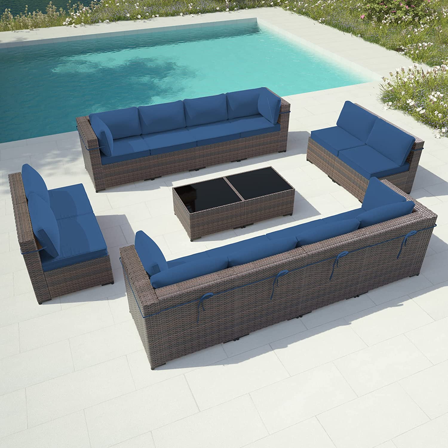 Gotland Outdoor Patio Furniture Set 14 Pieces Sectional Rattan Sofa Set PE Rattan Wicker Patio Conversation Set with Seat Cushions and Tempered Glass Table,navy blue