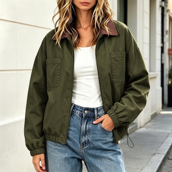 Byworldtasic Women’s Barn Jacket Loose Zipper Utility Coat Cinchable Hem Workwear Jacket with Pockets