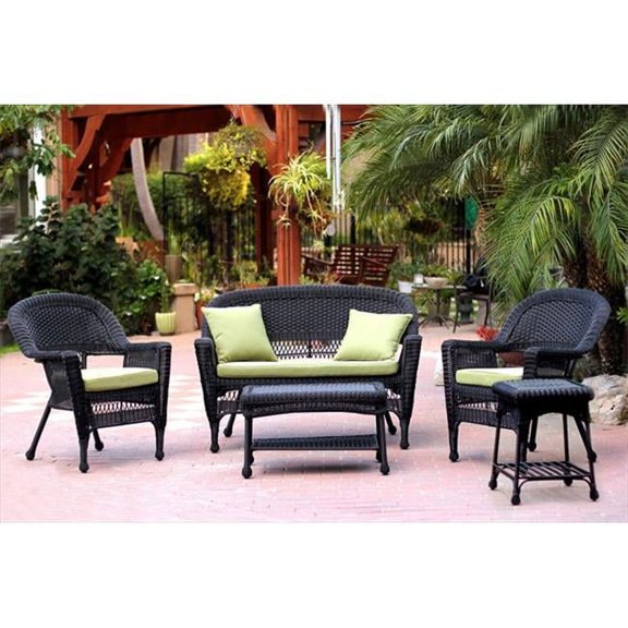 Jeco W00207-G-OT-FS029 5 Piece Black Wicker Conversation Set - Green Cushions