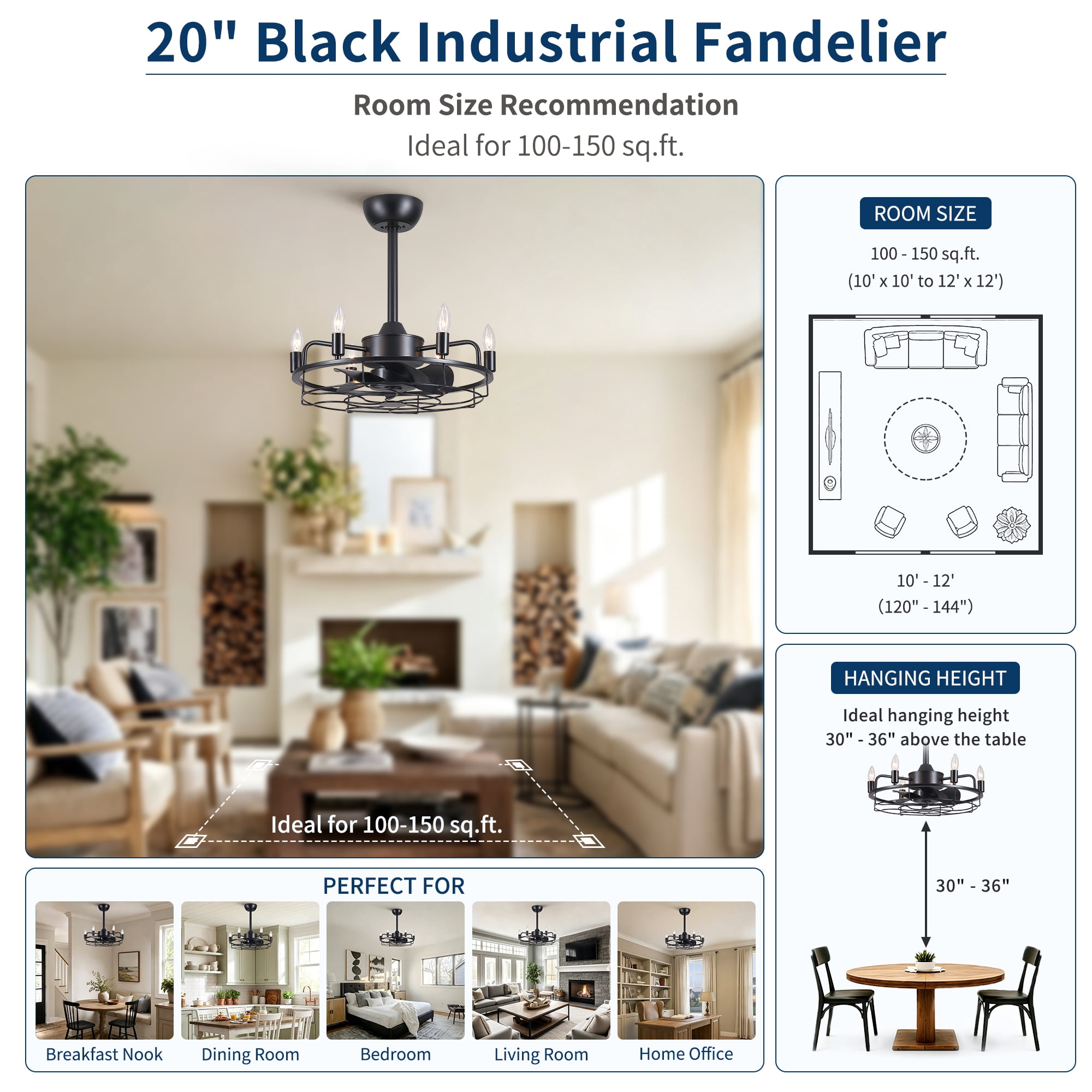 Leumius 20" Industrial Ceiling Fan with Lights, Farmhouse Fandelier with 6 E12 Sockets, Reversible DC Motor, 6 Speeds Remote Control Ceiling Fan for Dining Room Kitchen Bedroom Matte Black