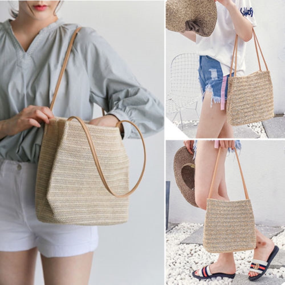 Moligh doll Womens Handbag Wicker Woven Ladies Shoulder Bag Beach Straw Woven Bag Large-Capacity Portable Dot Large Basket Wallet B 