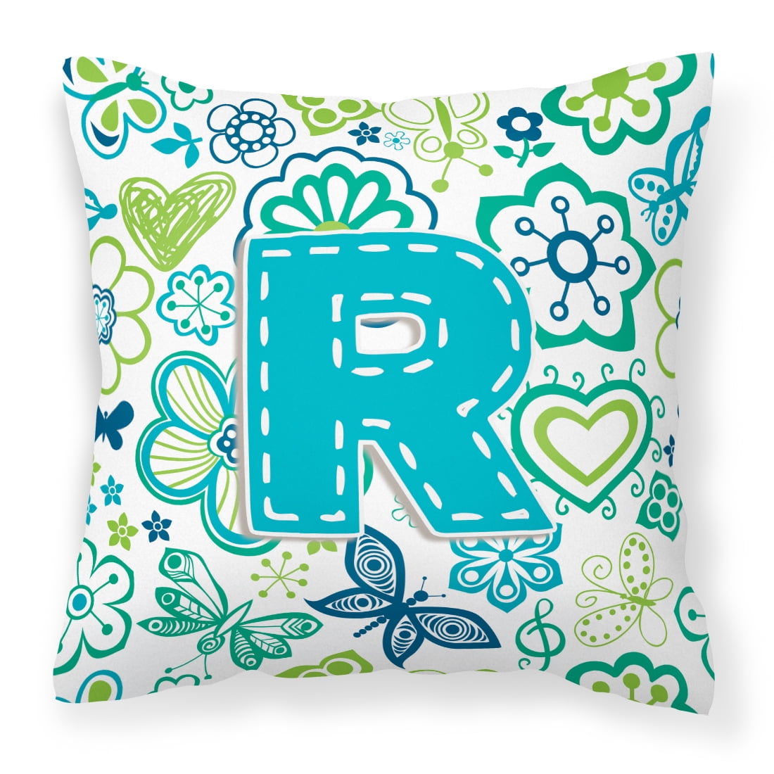 Letter R Flowers and Butterflies Teal Blue Fabric Decorative Pillow ...