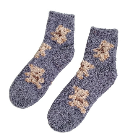 

CHOMOEN Women Kawaii Coral Velvet Winter Fuzzy Slipper Socks Cute Cartoon Bear Animal Pattern Thicken Fluffy Cozy Warm Floor Sleep Hosiery Foot Warmer