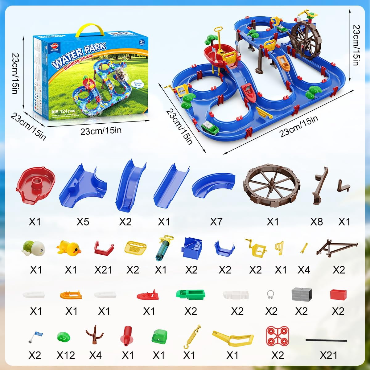 Vatos 2-Tier Water Table for Kids 3+, DIY Water Park Playset with Water Wheel and Pump, Outdoor Summer Water Toy
