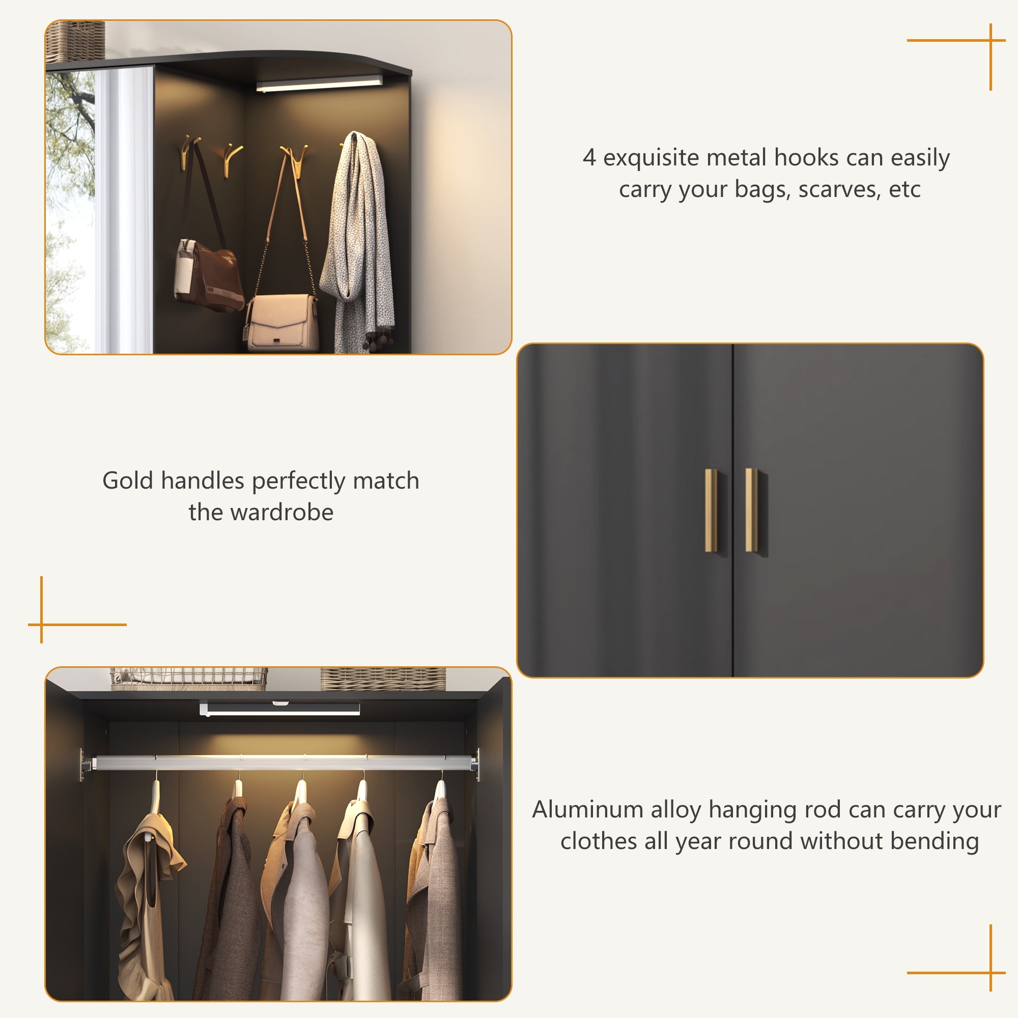 Blotout 3 Door Armoire Wardrobe Closet with Mirror & Sensor Lights, 70'' Large Wardrobe Armoire with 2 Drawers & Shelves, Modern Wooden Armoire Storage with Hanging Rod for Bedroom, Black