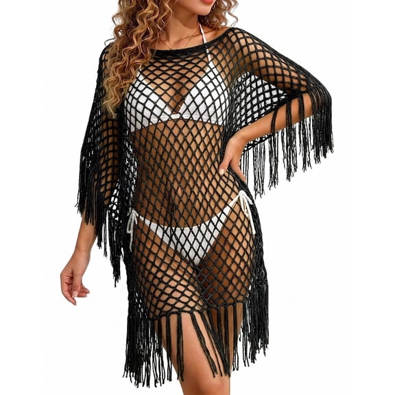 Fringe Mesh Hollow Out Pullover, Women's Sweat-Free Crochet Beach Cover Up, Loose Cling-Free Boho Knit Summer Coverups