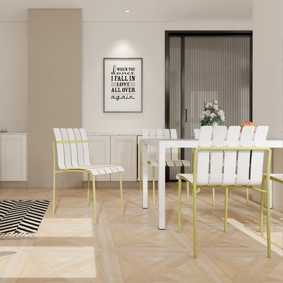 Youmumeub Set of 4 Modern Patio Dining Chairs, Waterproof Striped Seat & Metal Legs, Indoor/Outdoor Kitchen & Café Chair Set, 330lb Capacity, White & Yellow