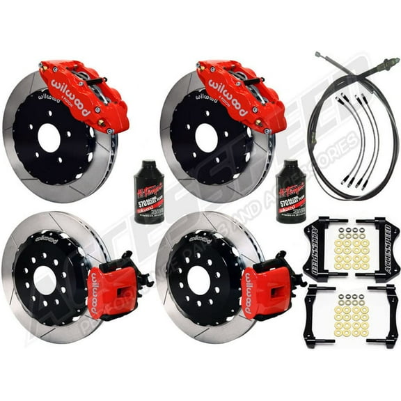 WILWOOD SL6R 13 FRONT & CPB 13 REAR BIG BRAKE KIT COMBO WITH FREE PARKING BRAKE CABLE, BRAKE LINES & BRAKE FLUID, SLOTTED ROTORS & RED CALIPERS - For 1994-2004 MUSTANG
