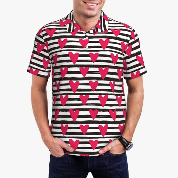Fotbe Hearts And Lines Camiseta Polo de Golf para Hombre con Estampado – Camisa Deportiva Transpirable con Cuello Abotonado-Small