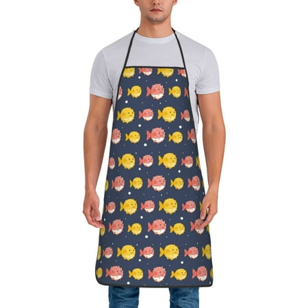 

Xecao Cute Puffer Fish Print Funny BBQ Chef Aprons for Men Women Adjustable Kitchen Cooking Aprons with Pocket Waterproof Oil Proof No Pilling Fading