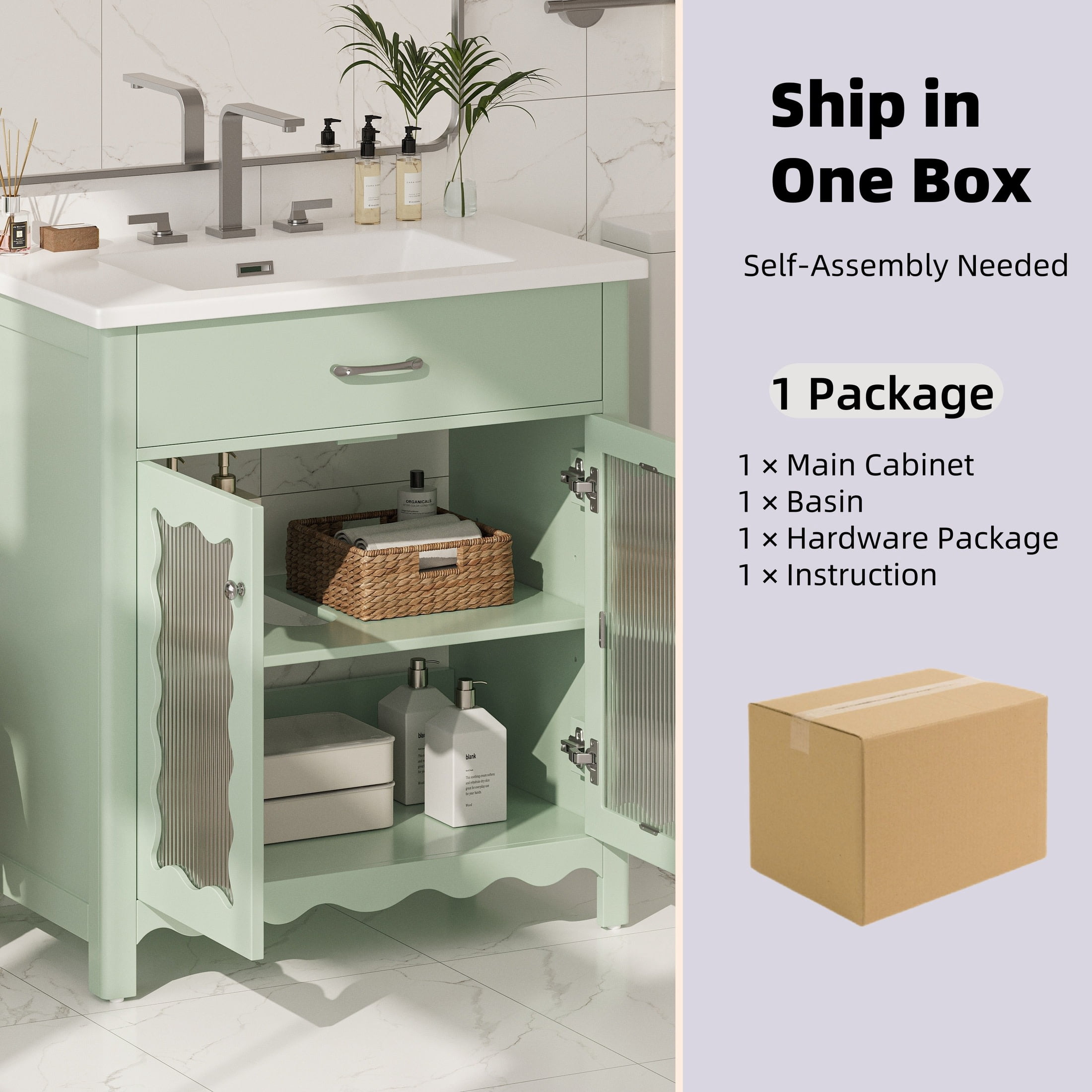 Christopher Knight Home 31" Modern Bathroom Vanity, Tempered Glass Cabinet with Ceramic Sink, Green