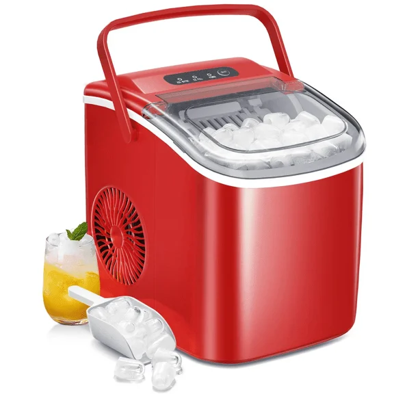 Havato Portable Countertop Ice Maker, One-Button Operation, 26Lbs/24H Efficient Ice Machine with Handle/ Scoop/Basket for Kitchen/Office/Bar and Party, Red