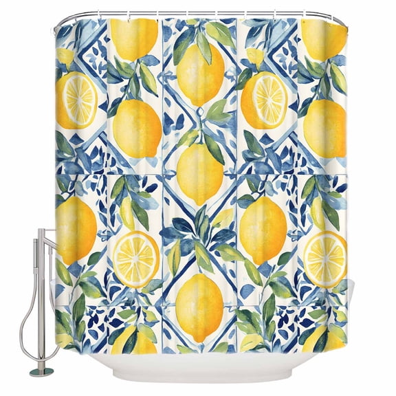 Small Stall Shower Curtain 48x72 Inch Narrow Half Size Lemon Fruit Bath Curtains Bathroom Decor Spring Plants Abstract Blue Leaves Waterproof Fabric Shower Curtain Set with Hooks 48 Inch