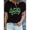 thumbnail image 1 of Camiseta gráfica "Lucky" del Día de San Patricio para mujer: cuello redondo informal, manga corta, negra con estampado de trébol verde, mezcla de algodón ligero, ideal para festividades de primavera y, 1 of 5