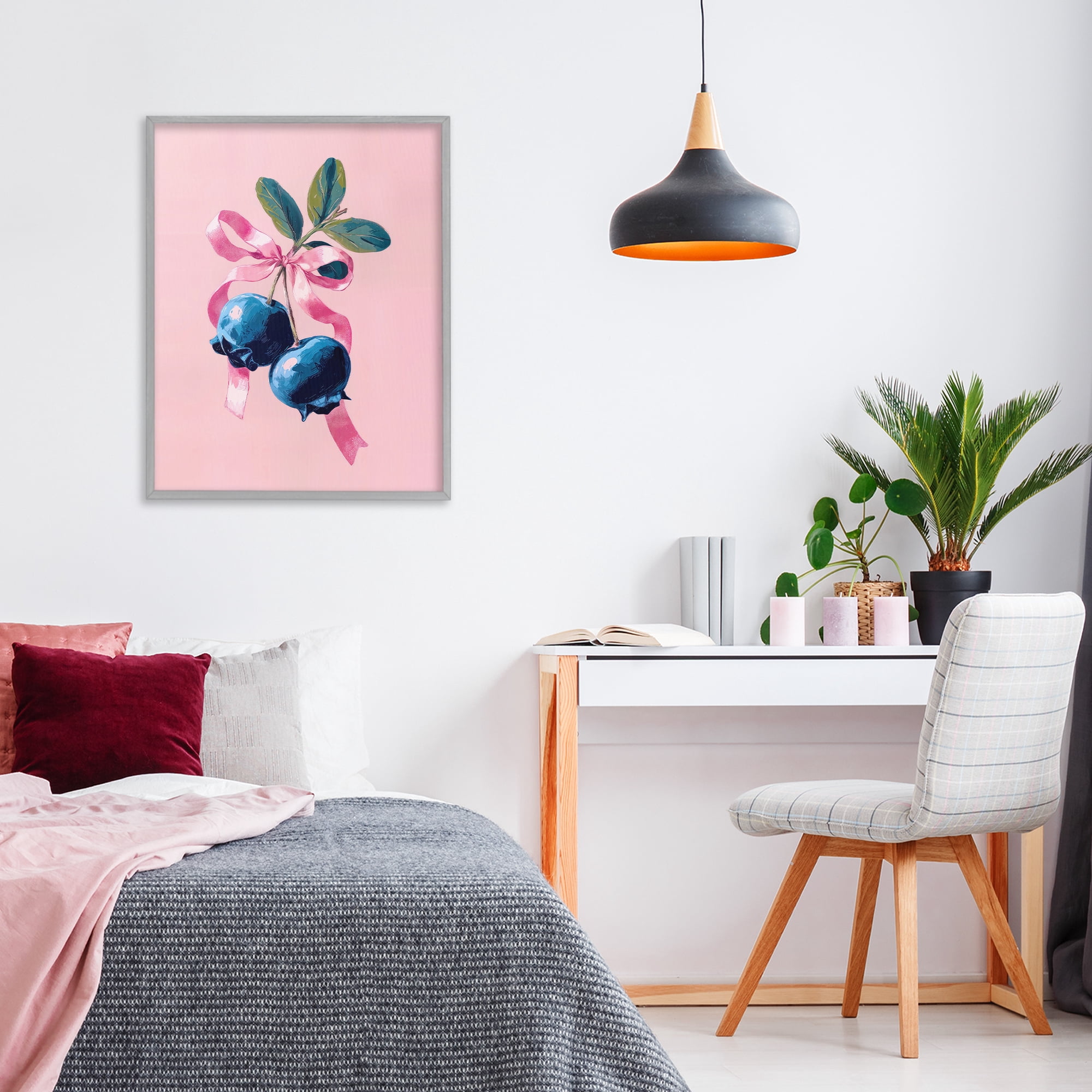 Stupell Industries Blueberry Branch with Pink Bow Gray Framed Giclee Art, design by Imagine It Images