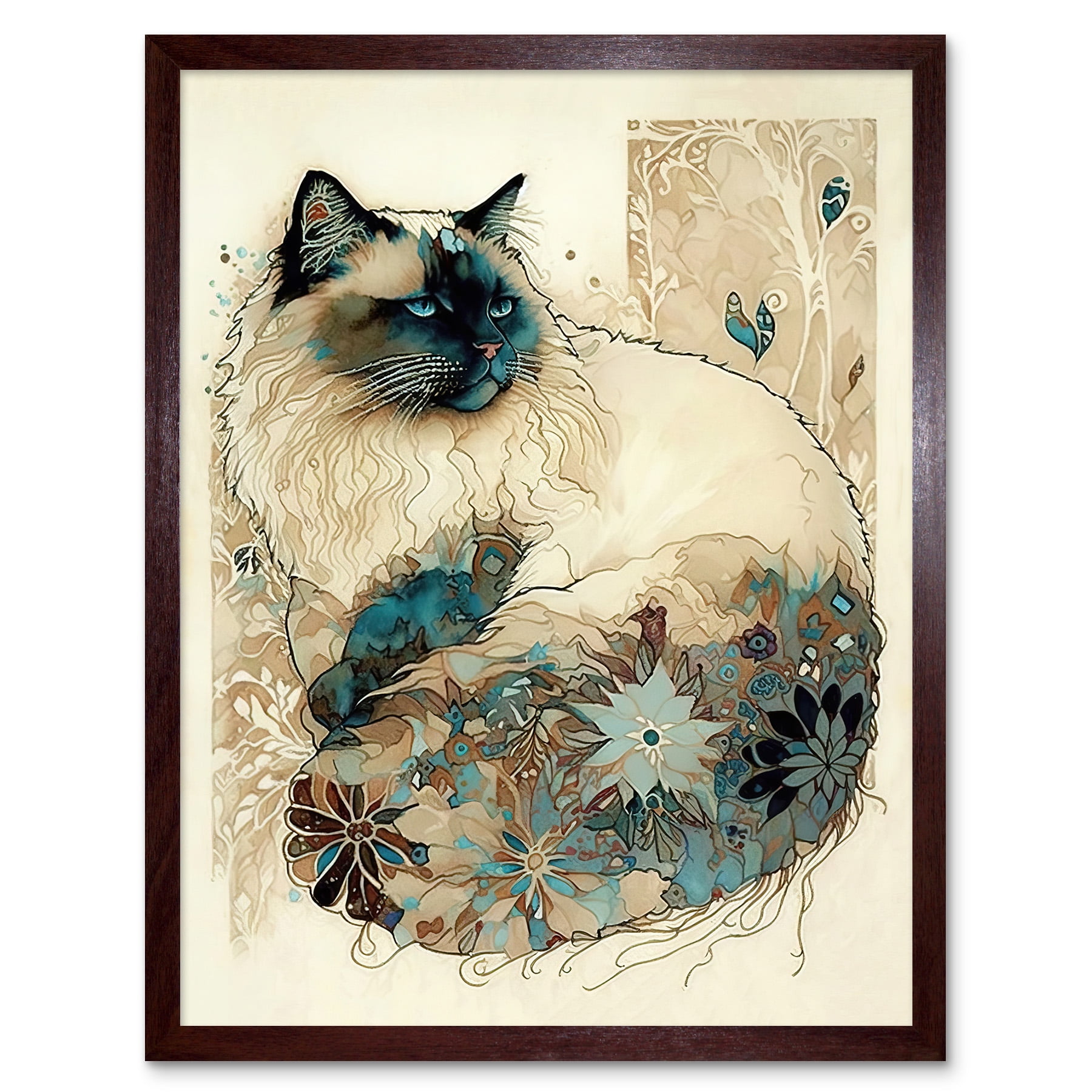 Ragdoll Cat with Floral Pattern Tail Modern Watercolour Illustration