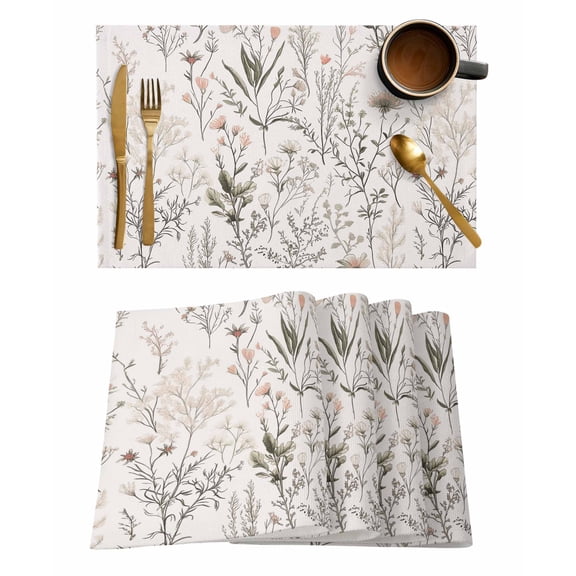 Spring Floral Placemats Set of 6, Vintage Botanical Watercolor Elegant Placemats for Dining Table, Place Mats for Kitchen Tabletop, Waterproof Wipeable Dining Table Mats Set