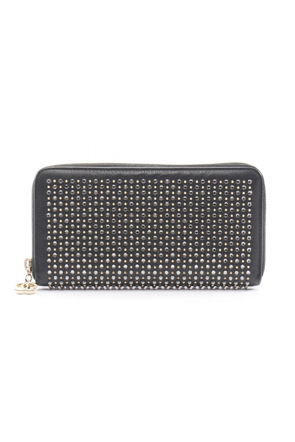 Pre-Owned Chanel Coco Mark Studded Round Long Wallet, Leather with Rhinestones, Women's, Black...