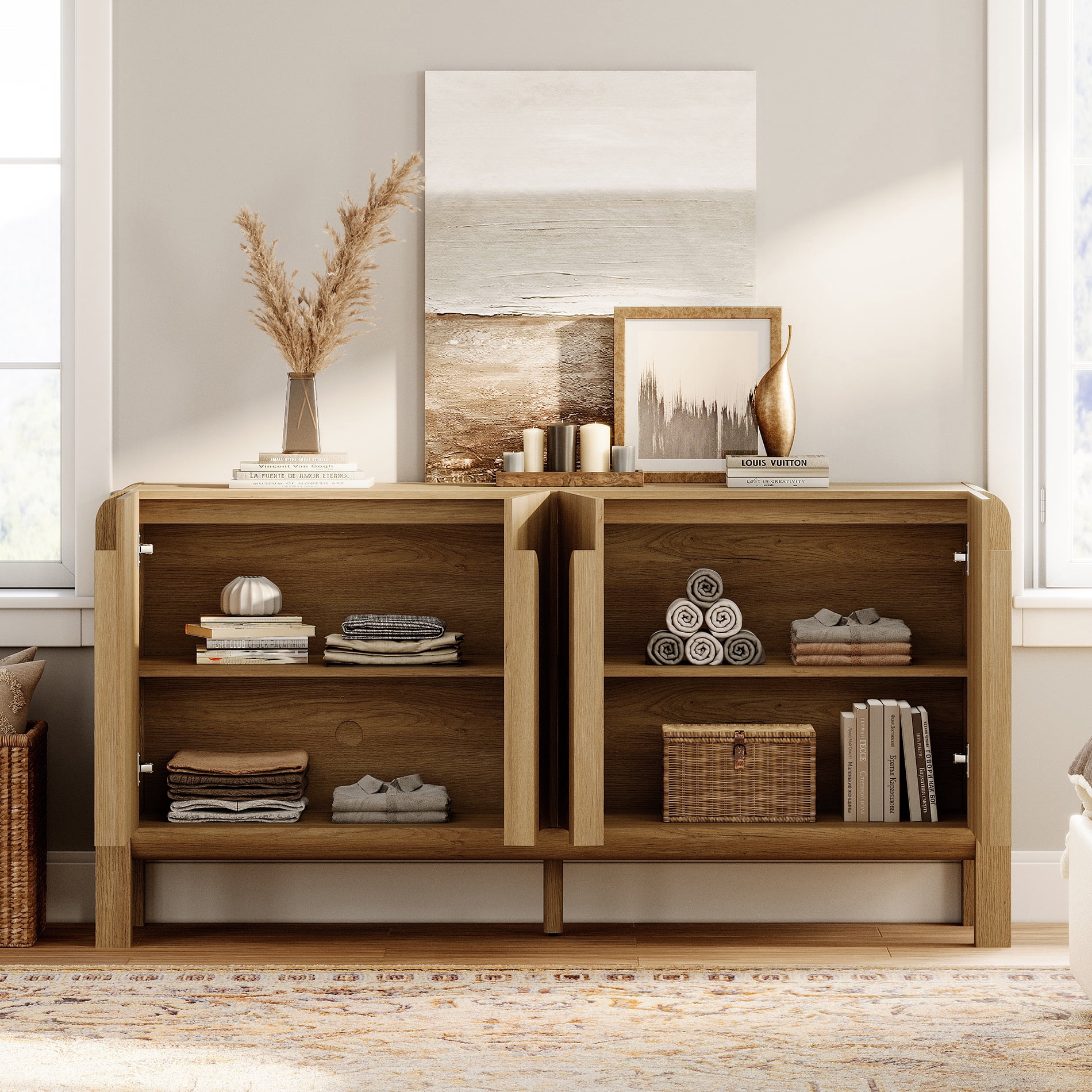 6 Drawer Dresser and Nightstand Sets for Bedroom, 4 Pcs Bedroom Set，Night Stand Set of 2, Modern Accent Chest with Curved Profile Design, Wooden Mid Century Storage Cabinet Set
